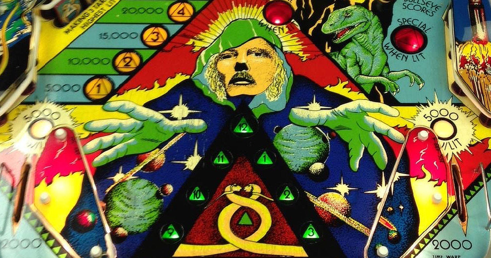 Table art for TIME WARP. Framed by a larger red triangle, hands and a disembodied head that resembles a young Michael Whelan present a scene of space mystery with planets and starbursts rendered in the shadow of his implied cloak. His blonde hair is long beneath a green hood. He has a bushy 70s style mustache but no beard at this point.