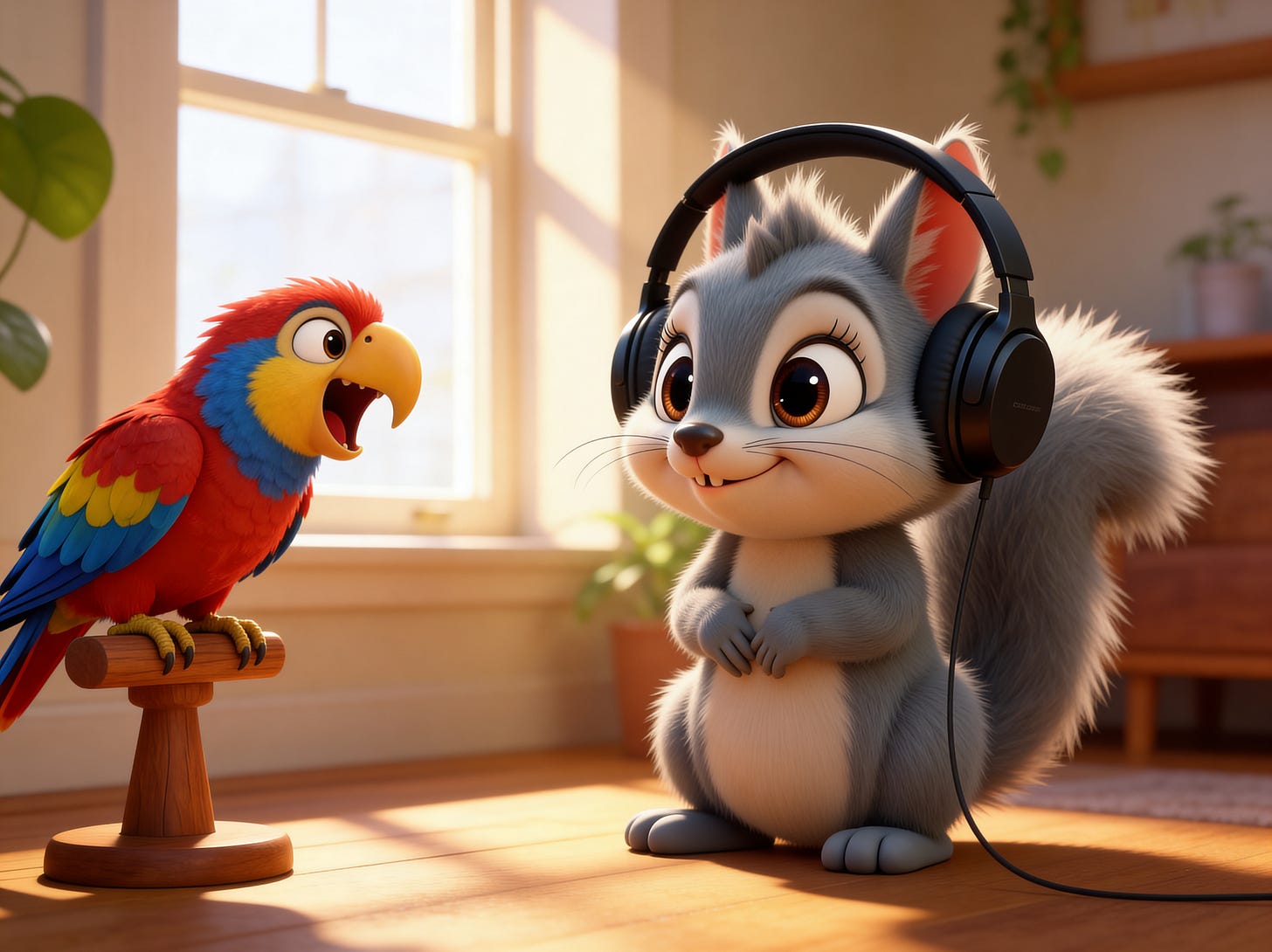 Illustration of a squawking cartoon parrot and smiling cartoon squirrel who is peaceful because he’s wearing noise-canceling headphones Illustration of a squawking cartoon parrot and smiling cartoon squirrel who is peaceful because he’s wearing noise-canceling headphones