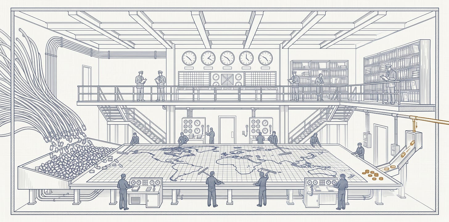 Precision technical cross-section of a vast allocation dispatch hall. On the main floor, operators with croupier-style rakes move small markers across a long plotting table that holds a gridded world map. At the far left, dense pneumatic tubes feed a hopper overflowing with inbound canisters; at the far right, a much smaller amber-gold chute delivers a thin trickle of approved canisters to a small set of amber tokens beside it. Officials with logbooks observe from a mezzanine balcony lined with analog clocks and reference shelves. Slate blue throughout; amber-gold marks only the scarce allocations actually granted.