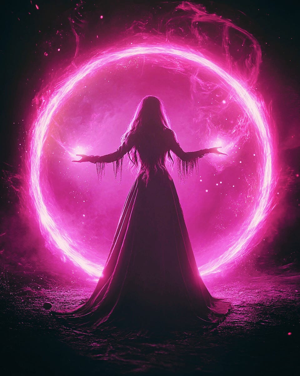 enchanting witch standing in a protective circle of light casting a love spell.