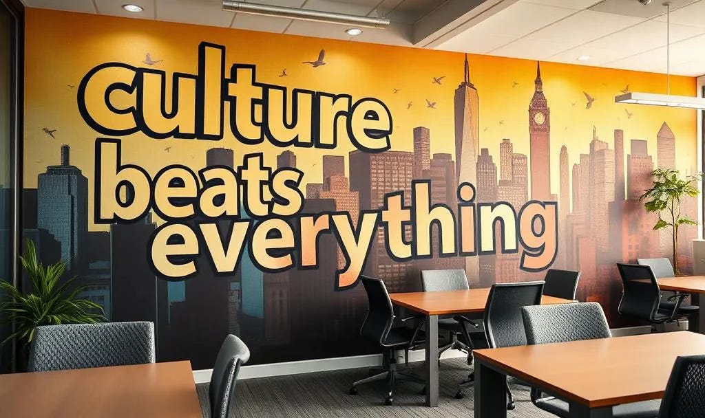 Conference room with "culture beats everything" painted in large letters on an orange wall mural featuring a city skyline, with standard corporate furniture and empty chairs around meeting tables Conference room with "culture beats everything" painted in large letters on an orange wall mural featuring a city skyline, with standard corporate furniture and empty chairs around meeting tables