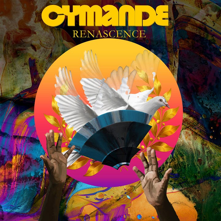 Left, the cover of Cymande's album "Renascence," featuring a dove in a fan-like vessel in a rainbow sphere, with Black hands reaching up towards it. At right, Cimaron's album "Harder Than the Rock," with the bearded faces of the older band members today in collage, wearing Jamaican cloth caps in smiling and thoughtful expressions on a golden background, with lettering in red and green.