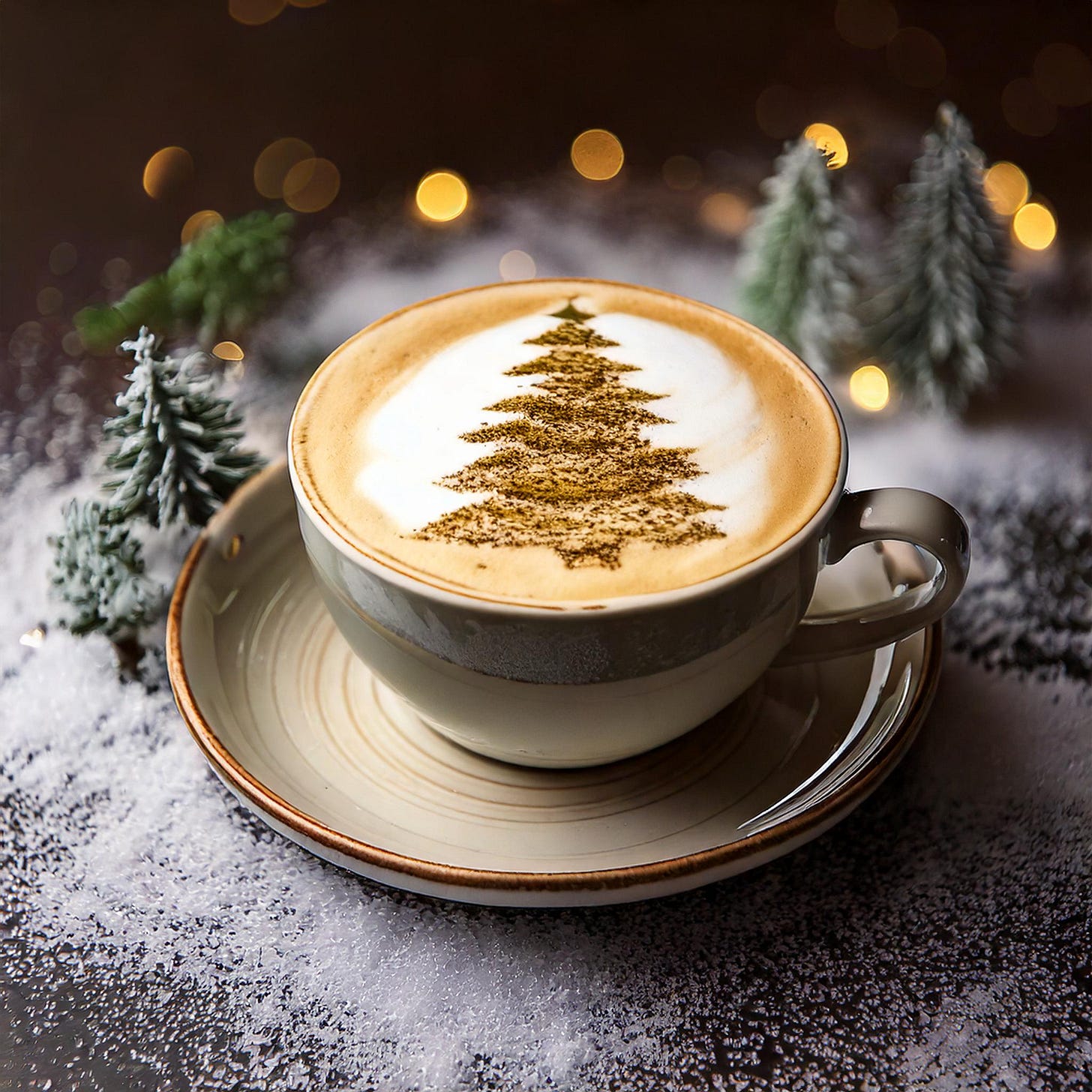 Firefly winter coffe with christmas tree painted in the cream on top. On the side of the plate there.jpg