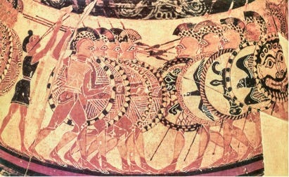 Title: Detail of the Chigi Vase showing hoplites advancing in formation with round shields. - Description: Detail of the Chigi Vase showing hoplites advancing in formation with round shields. Title: Detail of the Chigi Vase showing hoplites advancing in formation with round shields. - Description: Detail of the Chigi Vase showing hoplites advancing in formation with round shields.