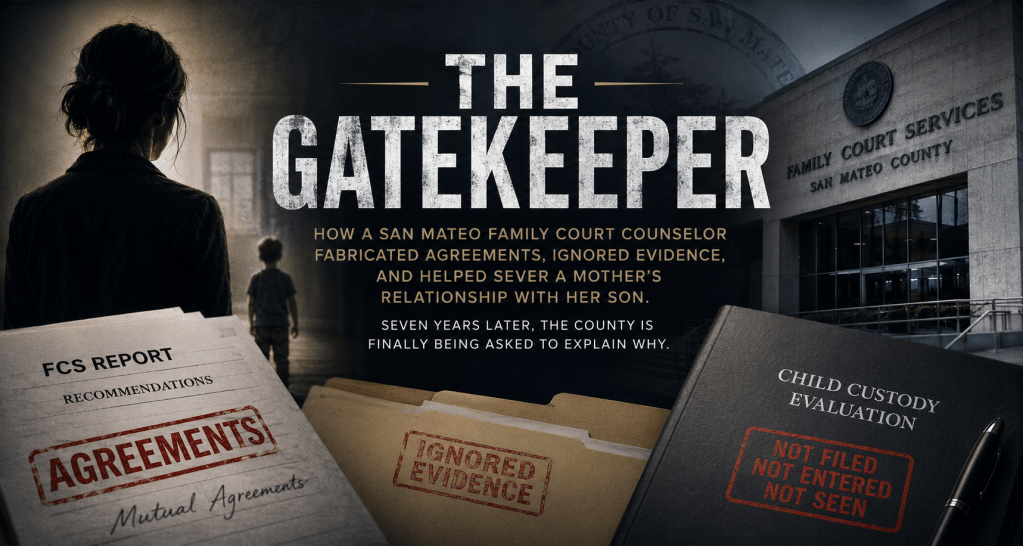 A silhouette of a woman appearing distressed, standing with her back to the viewer, alongside an image of a child. In the foreground, there are documents labeled 'FCS Report', 'Agreements', 'Ignored Evidence', and 'Child Custody Evaluation' with various annotations. The background features the 'Family Court Services' building of San Mateo County, with the title 'The Gatekeeper' prominently displayed. A silhouette of a woman appearing distressed, standing with her back to the viewer, alongside an image of a child. In the foreground, there are documents labeled 'FCS Report', 'Agreements', 'Ignored Evidence', and 'Child Custody Evaluation' with various annotations. The background features the 'Family Court Services' building of San Mateo County, with the title 'The Gatekeeper' prominently displayed.