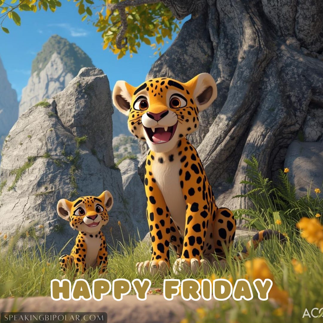 Illustration of a happy cartoon Leopard and baby leopard on a sunny day near some large rocks and a tree