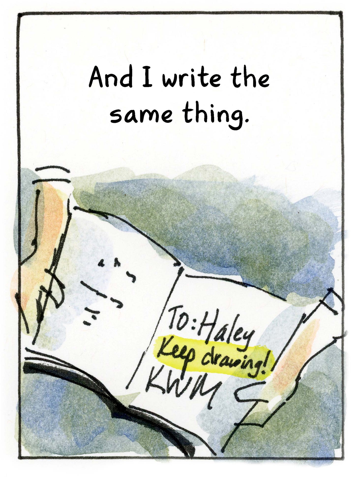 Watercolor comic page by graphic novelist K. Woodman-Maynard about her book launch of her graphic novel adaptation of Tuck Everlasting. 