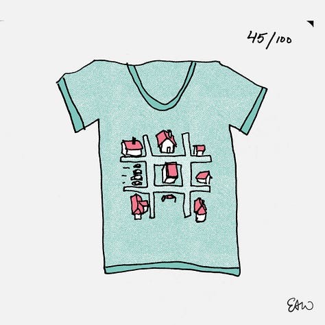 Thumbnail sktches of t-shirt concepts coloured in a limited palette