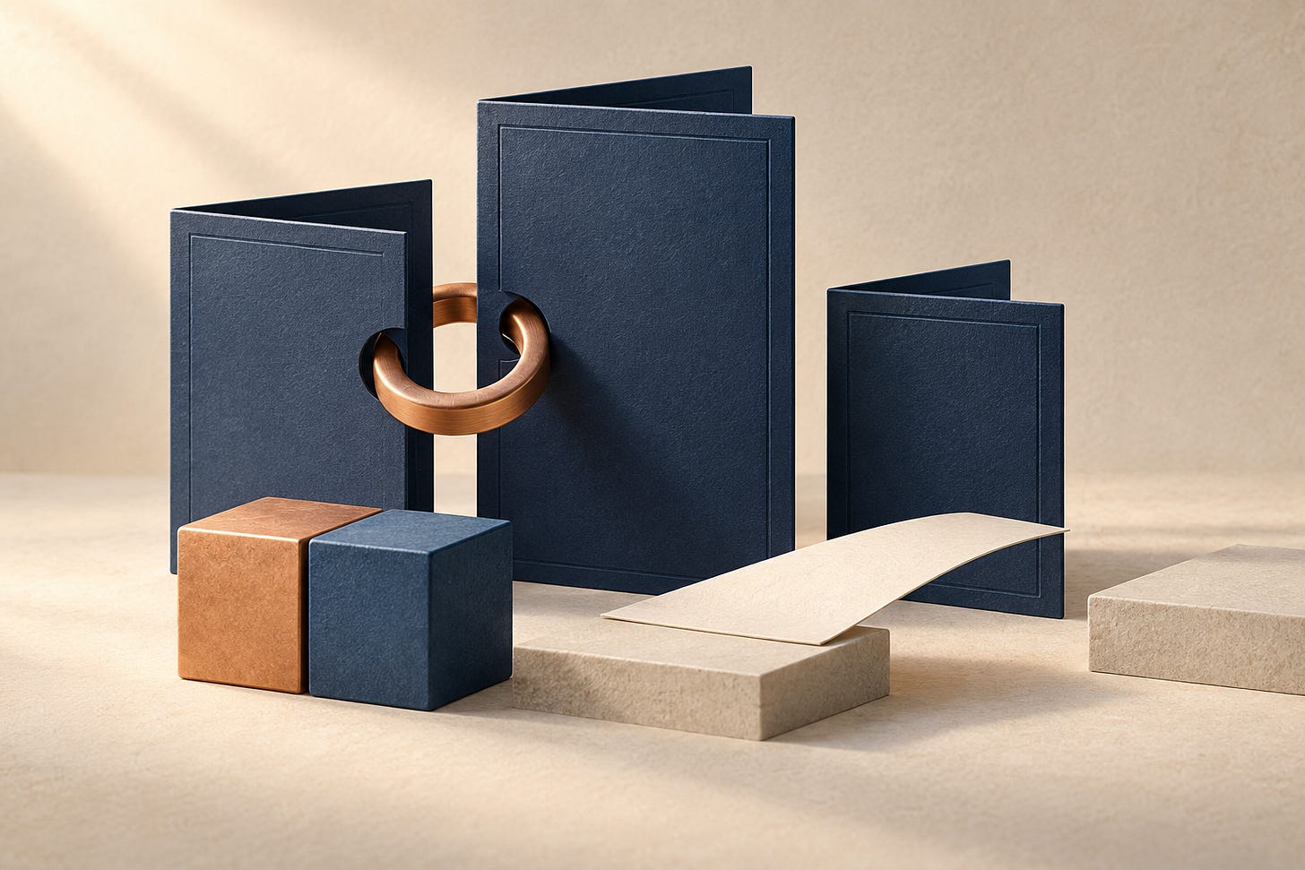 Conceptual illustration of navy document folders, a copper ring, two coloured blocks and a paper bridge on an ivory surface.