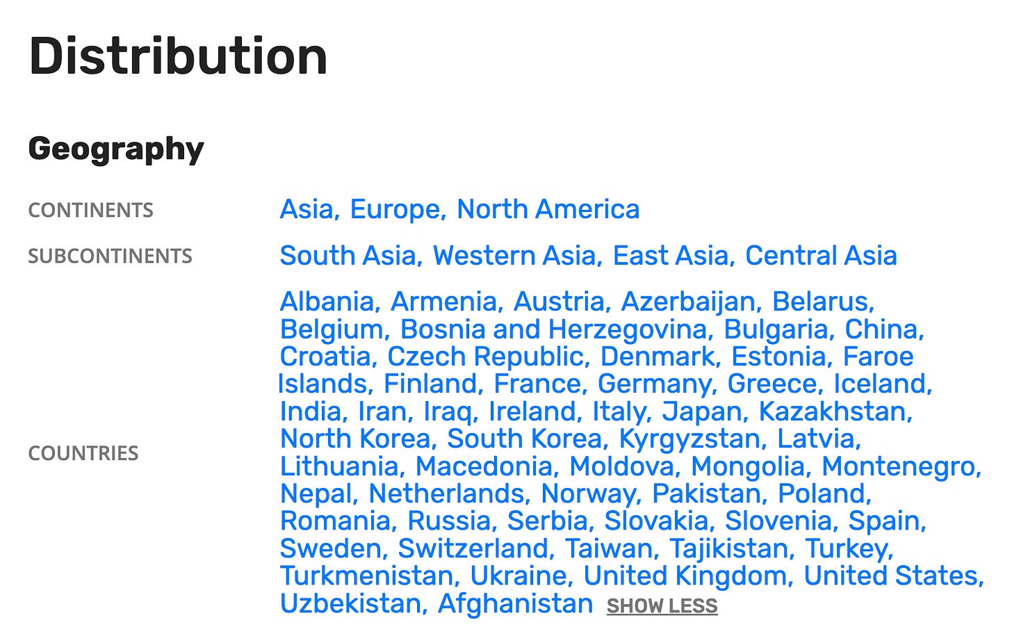 Distribution Geography Continents Asia, Europe, North America Subcontinents South Asia, Western Asia, East Asia, Central Asia Countries Albania, Armenia, Austria, Azerbaijan, Belarus, Belgium, Bosnia and Herzegovina, Bulgaria, China, Croatia, Czech Republic, Denmark, Estonia, Faroe Islands, Finland, France, Germany, Greece, Iceland, India, Iran, Iraq, Ireland, Italy, Japan, Kazakhstan, North Korea, South Korea, Kyrgyzstan, Latvia, Lithuania, Macedonia, Moldova, Mongolia, Montenegro, Nepal, Netherlands, Norway, Pakistan, Poland, Romania, Russia, Serbia, Slovakia, Slovenia, Spain, Sweden, Switzerland, Taiwan, Tajikistan, Turkey, Turkmenistan, Ukraine, United Kingdom, United States, Uzbekistan, Afghanistan Show Less
