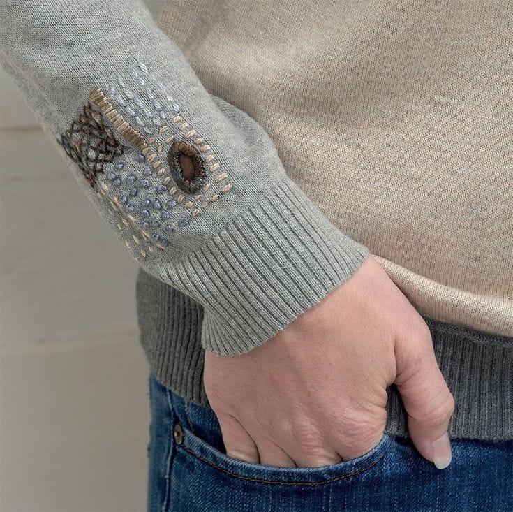 This may contain: a close up of a person's hand wearing a sweater
