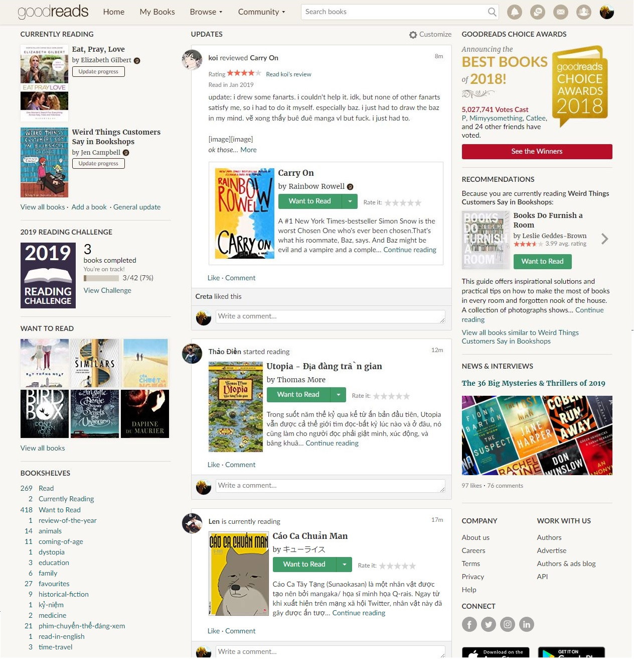 Giao diện trang chủ Goodreads.