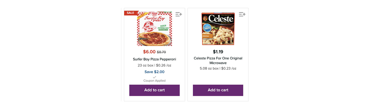 Screenshot from grocery site, Surfer Boy box and Celeste box