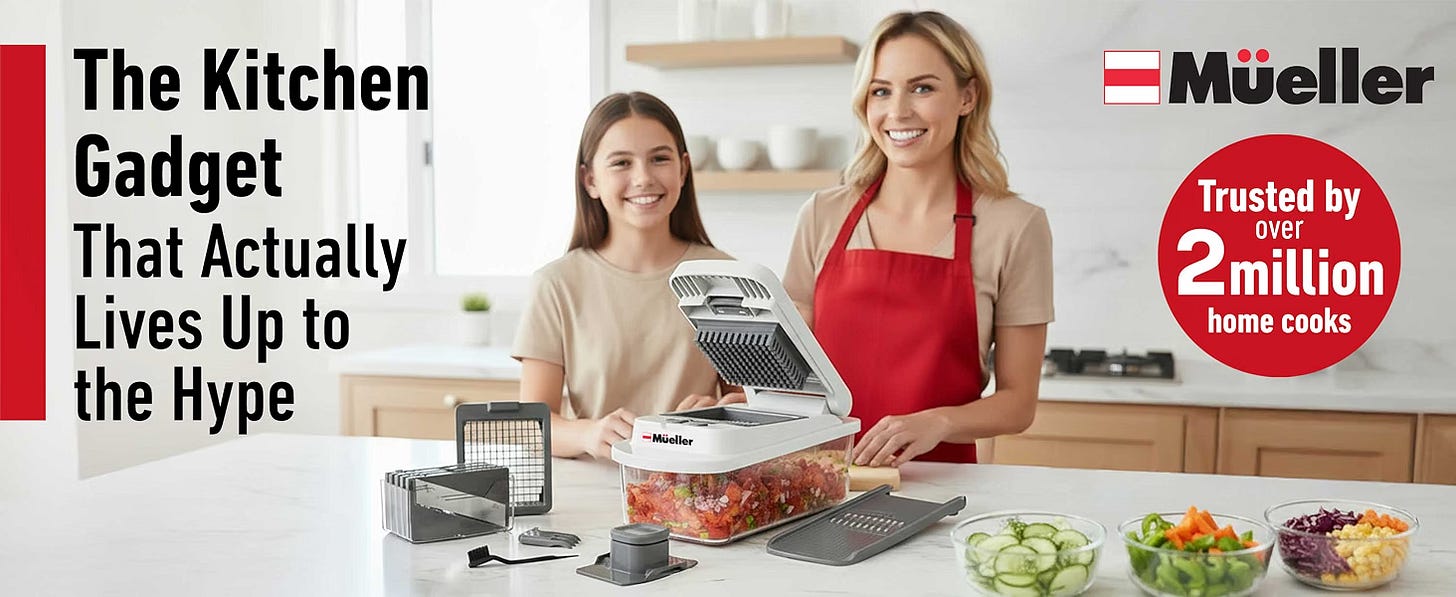 Mueller vegetable chopper and mandoline slicer demonstrated in a home kitchen, with fresh vegetables prepared for meal prep. Deals on kitchen gear and premium meal-prep content at AthleteMealPrep.com