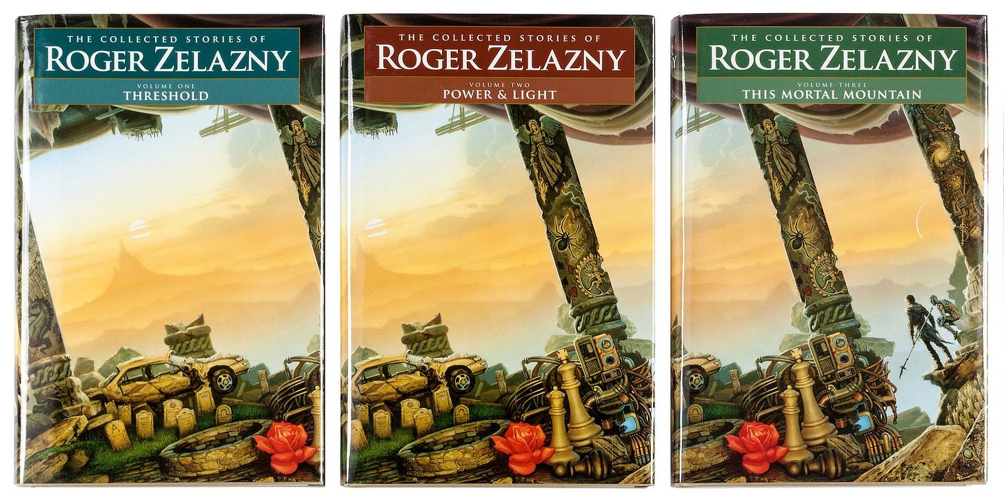 The Collected Stories of Roger Zelazny, Volumes 1-3. From left to right with text set over a colored box, Threshold (teal), Power & light (maroon), and This Mortal Mountain (green). The cover art is from Z-WORLD by the art featured on each is a slightly different cross-section cut from the same illustration. The Collected Stories of Roger Zelazny, Volumes 1-3. From left to right with text set over a colored box, Threshold (teal), Power & light (maroon), and This Mortal Mountain (green). The cover art is from Z-WORLD by the art featured on each is a slightly different cross-section cut from the same illustration.