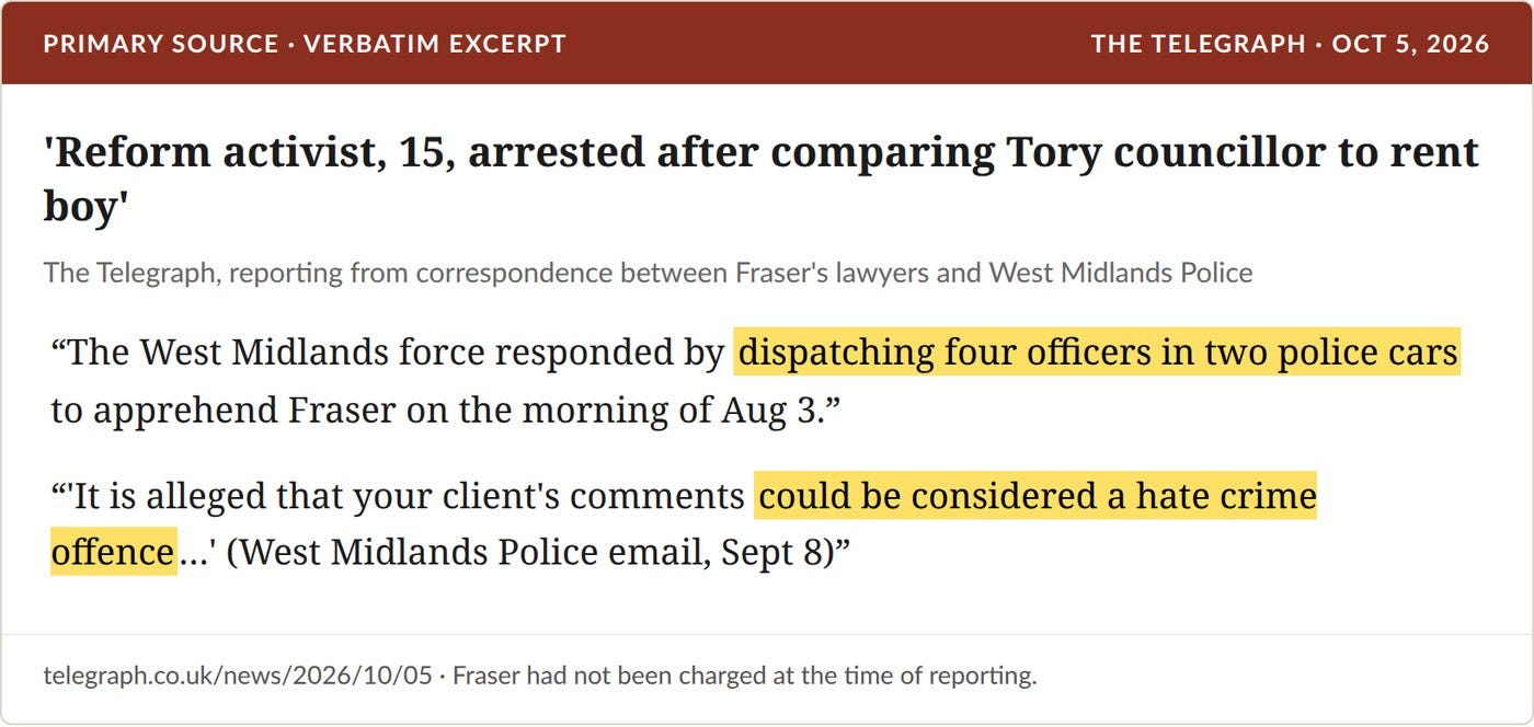 The Telegraph's account, drawn from correspondence between Fraser's lawyers and West Midlands Police. Verbatim excerpt, highlights added. The Telegraph's account, drawn from correspondence between Fraser's lawyers and West Midlands Police. Verbatim excerpt, highlights added.