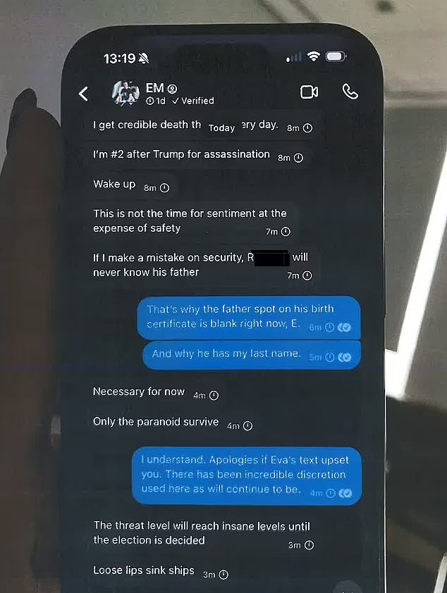 text messages showing that Musk did not want St Clair to reveal the existence of his child, for "safety reasons" text messages showing that Musk did not want St Clair to reveal the existence of his child, for "safety reasons"