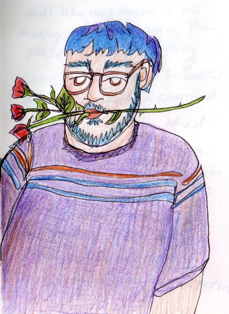 A drawing of Steven Espada Dawson. He is wearing a blue purple shirt with three stripes that go across it. He is wearing brown glasses, his hair is colored blue and purple, and he has three roses between his teeth. A drawing of Steven Espada Dawson. He is wearing a blue purple shirt with three stripes that go across it. He is wearing brown glasses, his hair is colored blue and purple, and he has three roses between his teeth.