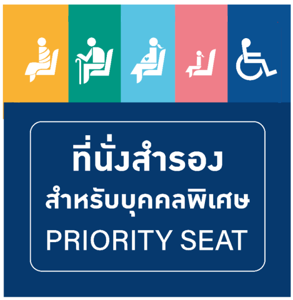 A blue priority seating sign from the Thailand MRT system with white icons representing the elderly, pregnant women, children, people with disabilities, and a Buddhist monk.