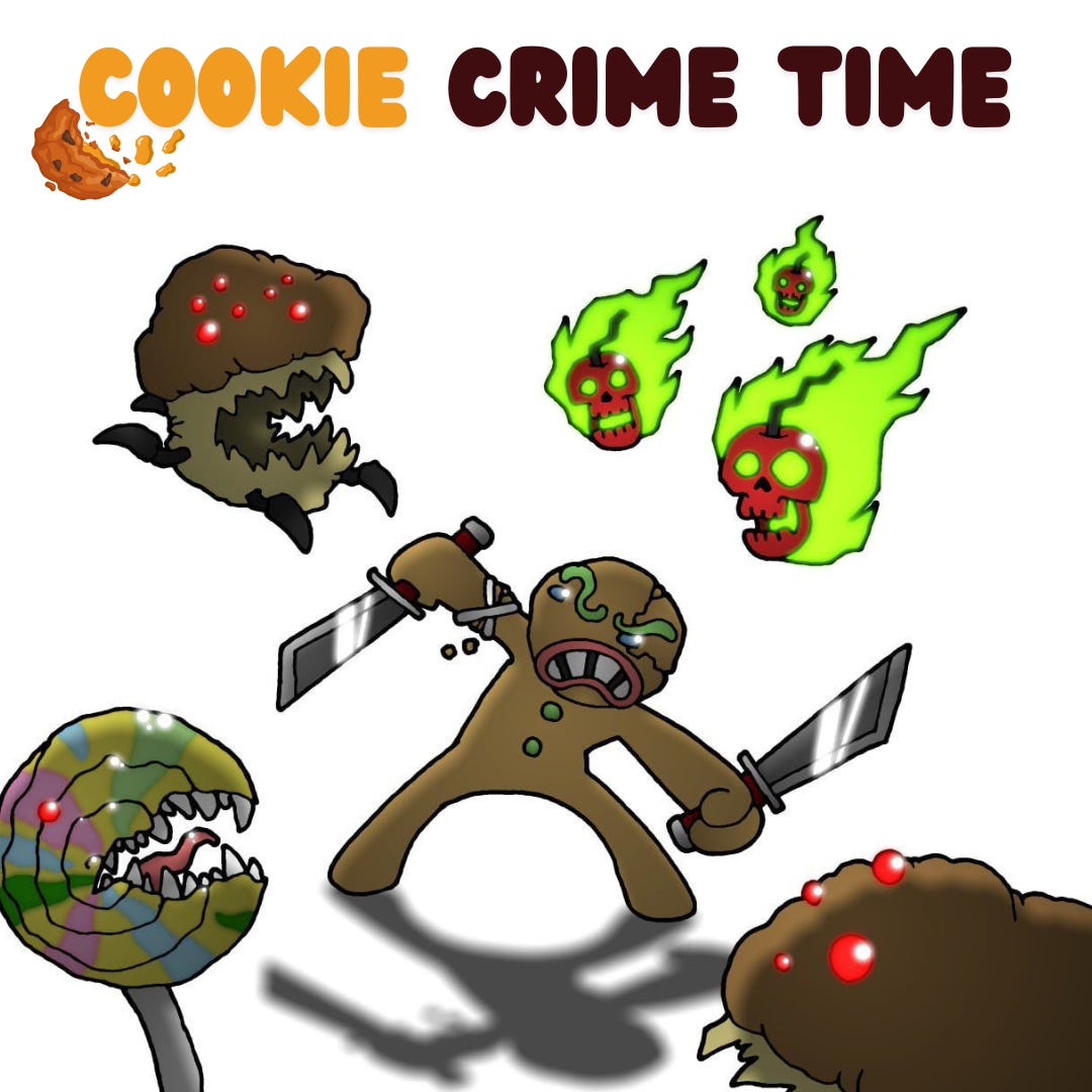 The illustration of a Gingerbread warrior battles monstrous cookies, flaming skulls, and a deadly lollipop.