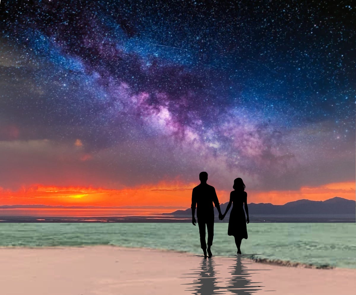 silhouette of a couple walking along a beach holding hands at the shoreline. An orange sunset blazes underneath a starry sky of stars and nebulae. silhouette of a couple walking along a beach holding hands at the shoreline. An orange sunset blazes underneath a starry sky of stars and nebulae.