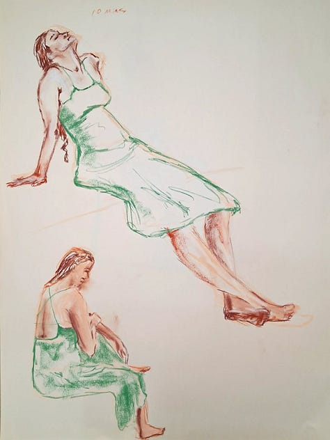 Various chalk drawing of a woman in a sundress