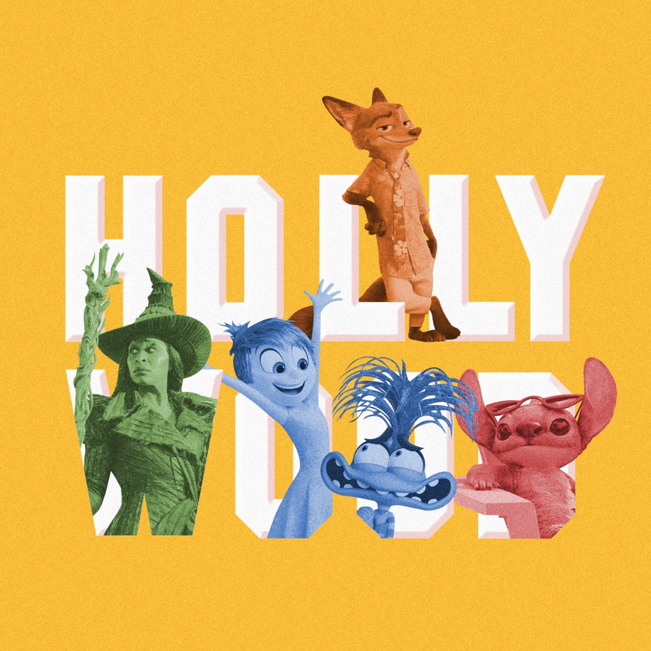 Collage of entertainment characters over the word Hollywood.