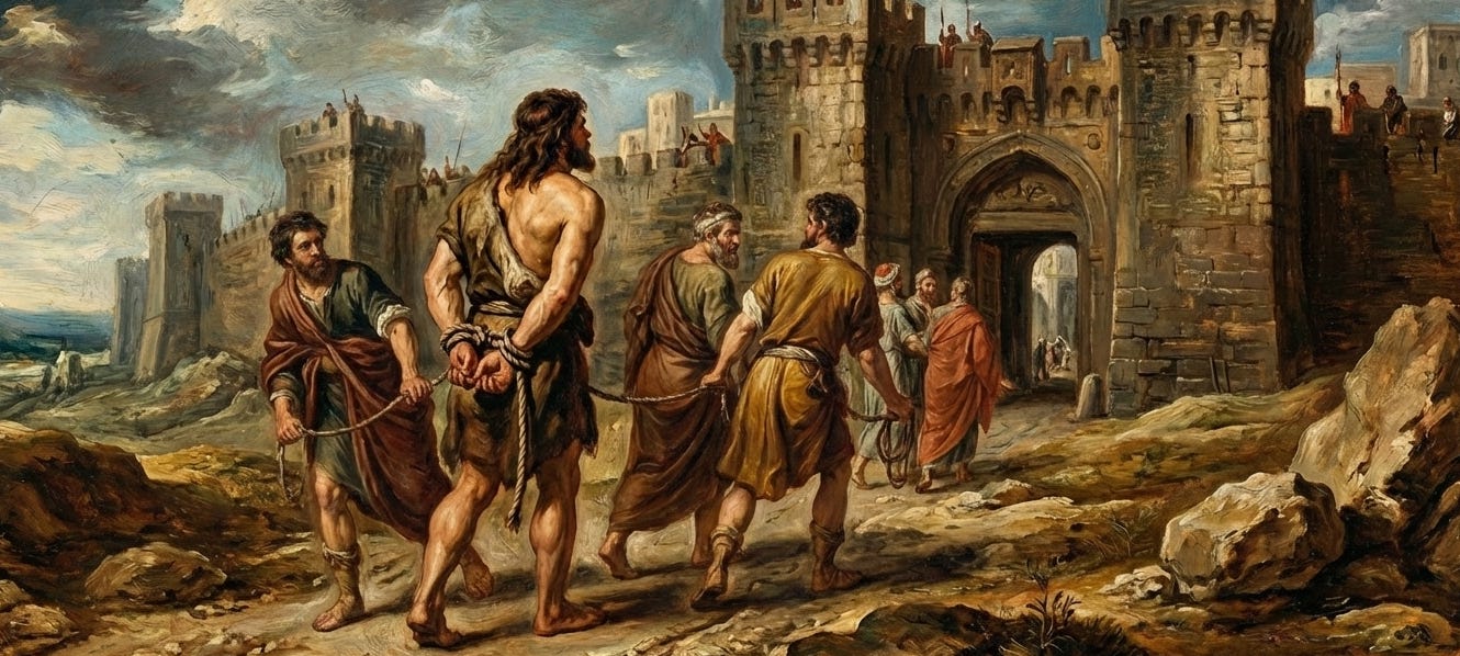 Samson bound and being led to a city by several other men