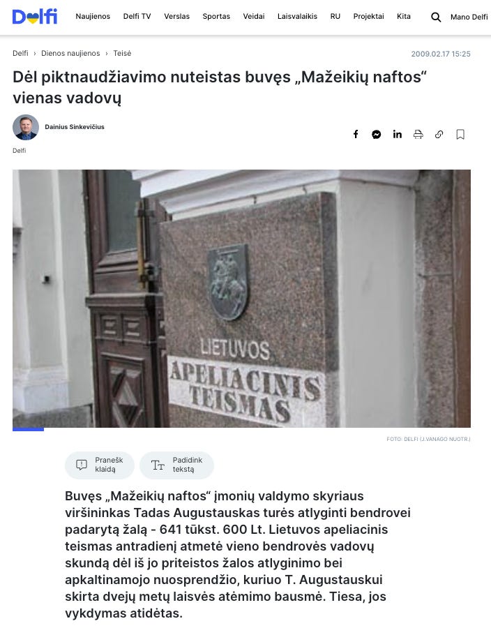 Delfi.lt pranešimas apie tai, kad Tadas Augustauskas nuteistas už piktnaudžiavimą