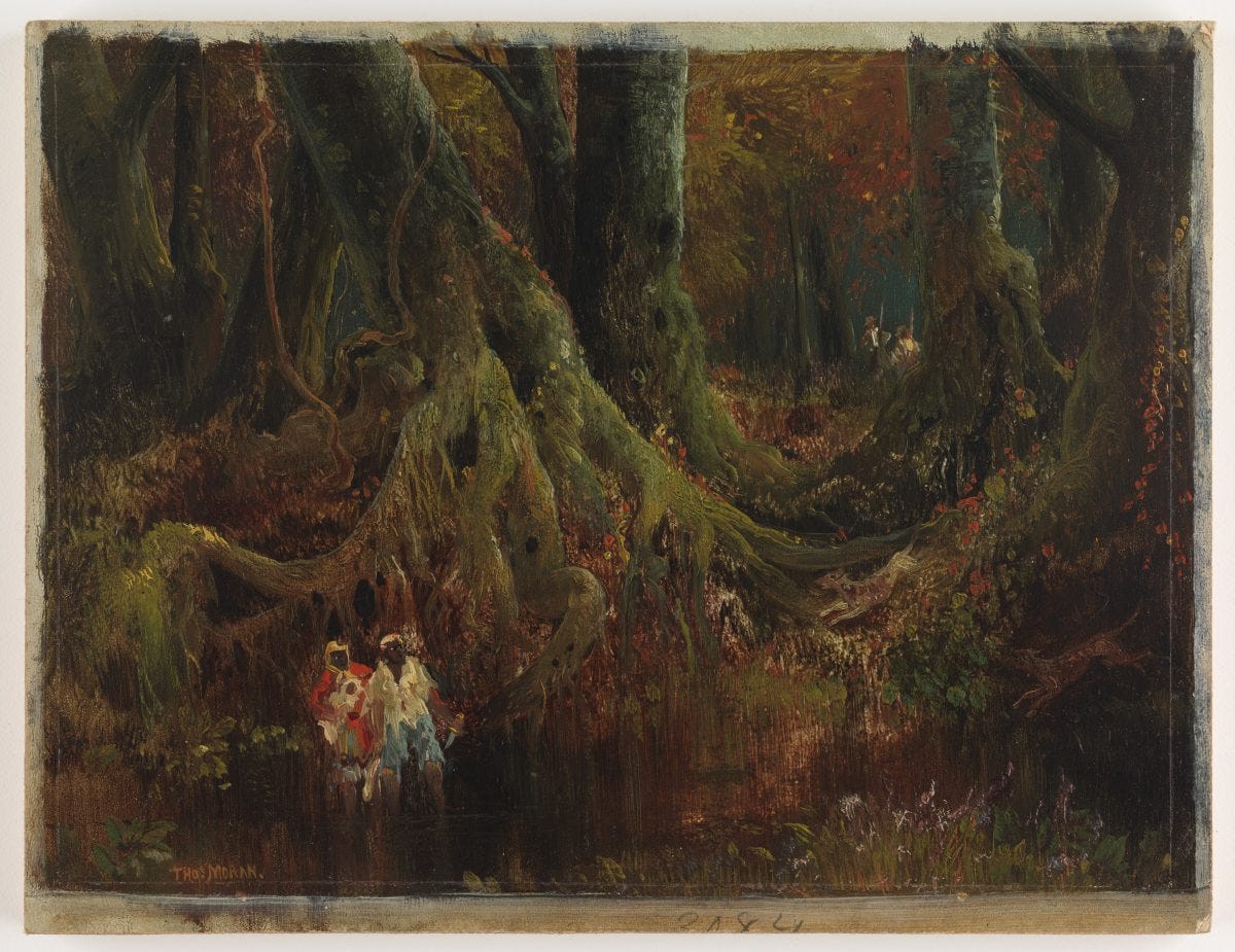 An enslaved man holds a knife as he hides in a swamp with his family
