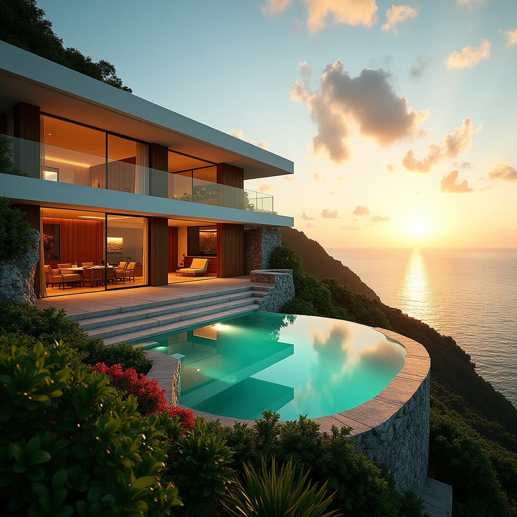 A luxurious modern Jamaican home perched on a hillside in Montego Bay, with floor-to-ceiling glass windows overlooking the vibrant turquoise ocean. The home features an infinity pool blending into the horizon, sleek contemporary architecture, and tropical landscaping with lush greenery. The exterior is a mix of natural wood, stone, and white walls, while the interior boasts open-plan living spaces with minimalist design and elegant furniture. The setting includes the sunset casting a warm glow over the ocean and the home. Tropical paradise, luxury living, serene atmosphere.