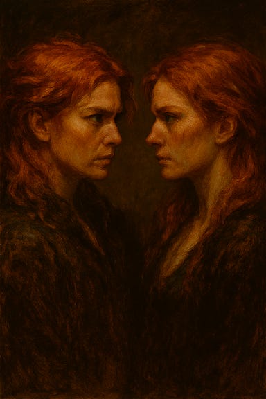 Ireena and Tatyana stand face to face in a surreal confrontation, both visually inspired by Tamsin Mackenzie but with flowing red hair. Ireena wears a Barovian travel cloak, her eyes fierce and defiant, while Tatyana is dressed in a noble gown from centuries past, her expression serene but haunted. The background is a fractured mirror landscape—each shard reflecting different memories of Castle Ravenloft, the Luna River, and the ballroom where Strahd first saw Tatyana. Mist coils around their feet, and spectral roses bloom between them, symbolizing fate and identity. The atmosphere is tense, mystical, and emotionally charged—capturing the moment Ireena confronts the echo of who she might have been. Ireena and Tatyana stand face to face in a surreal confrontation, both visually inspired by Tamsin Mackenzie but with flowing red hair. Ireena wears a Barovian travel cloak, her eyes fierce and defiant, while Tatyana is dressed in a noble gown from centuries past, her expression serene but haunted. The background is a fractured mirror landscape—each shard reflecting different memories of Castle Ravenloft, the Luna River, and the ballroom where Strahd first saw Tatyana. Mist coils around their feet, and spectral roses bloom between them, symbolizing fate and identity. The atmosphere is tense, mystical, and emotionally charged—capturing the moment Ireena confronts the echo of who she might have been.