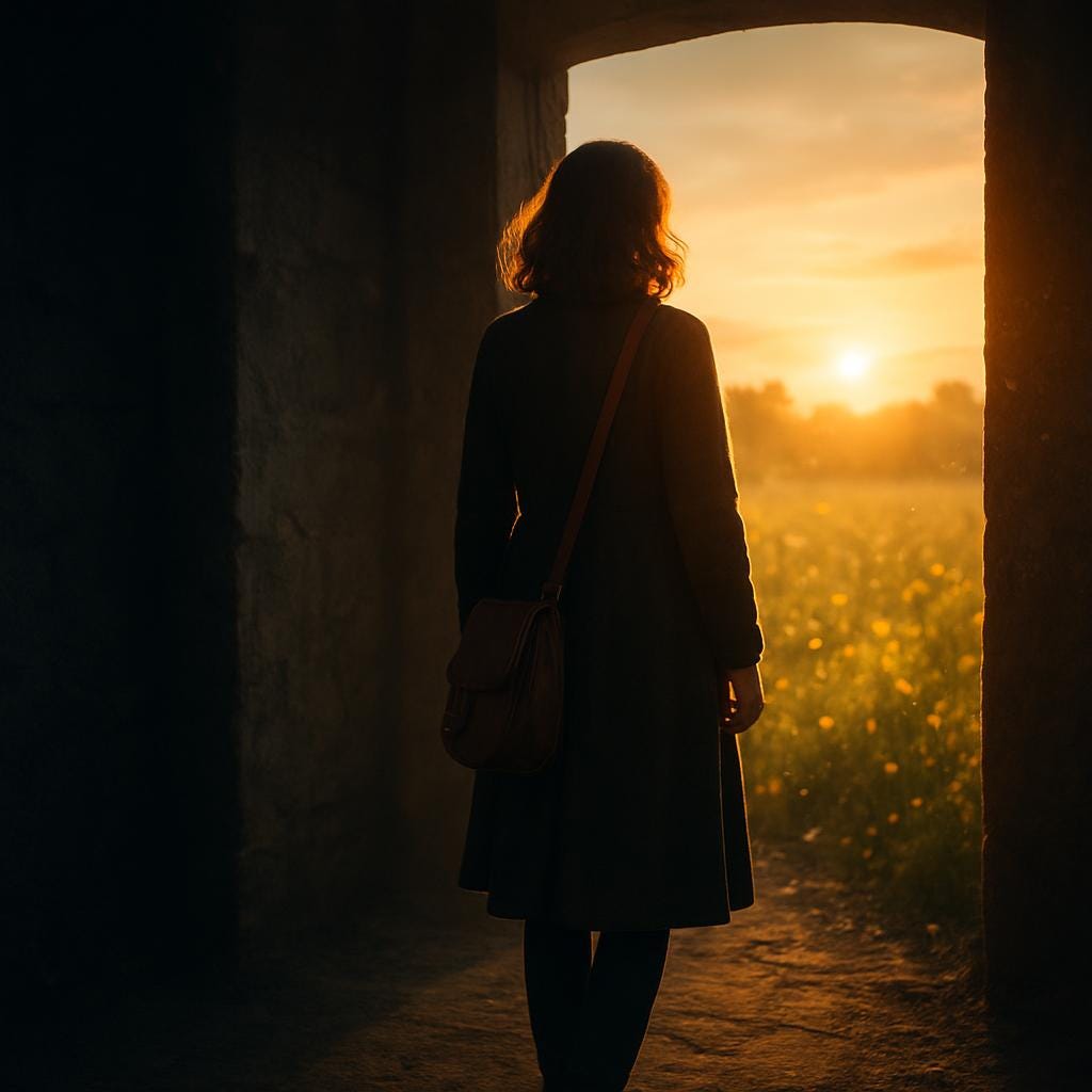 The image features a solitary, thoughtful adult woman standing at a threshold between a dim, earthy cave-like space (representing the shadow/mud) and a vast, sun-drenched meadow (representing the light/bloom). She is carrying a weathered, vintage leather satchel slung over her shoulder, symbolizing the 'invisible bag.' The lighting transitions from cool, muted tones on the left to warm, golden 'glimmering' light on the right. The style is cinematic and metaphorical, focusing on the theme of 'The Trap of the Familiar' versus 'Embodied Clarity The image features a solitary, thoughtful adult woman standing at a threshold between a dim, earthy cave-like space (representing the shadow/mud) and a vast, sun-drenched meadow (representing the light/bloom). She is carrying a weathered, vintage leather satchel slung over her shoulder, symbolizing the 'invisible bag.' The lighting transitions from cool, muted tones on the left to warm, golden 'glimmering' light on the right. The style is cinematic and metaphorical, focusing on the theme of 'The Trap of the Familiar' versus 'Embodied Clarity