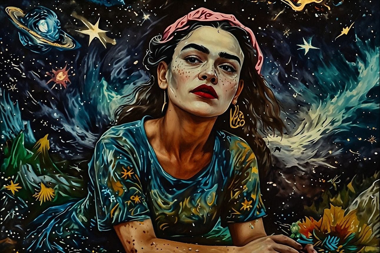 A woman in a setting like a Van Gogh painting