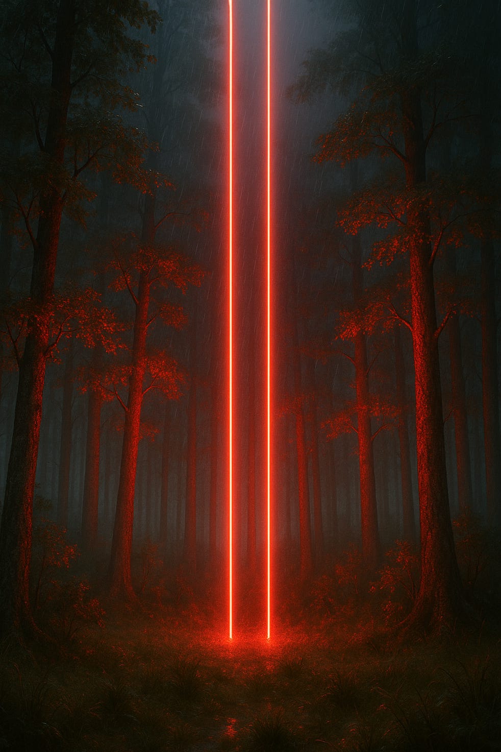 Два ярких параллельных красных луча вырываются из земли в небо, освещая деревья в тёмном дождливом лесу