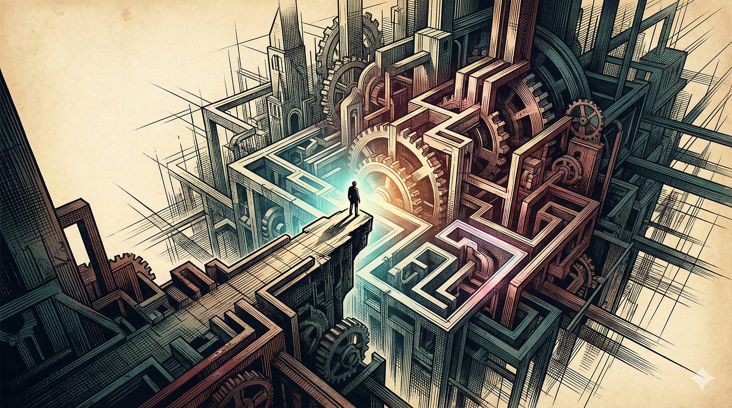 Etching-style illustration representing 22 AI dilemmas—figures at crossroads between human judgment and algorithmic decision-making Etching-style illustration representing 22 AI dilemmas—figures at crossroads between human judgment and algorithmic decision-making