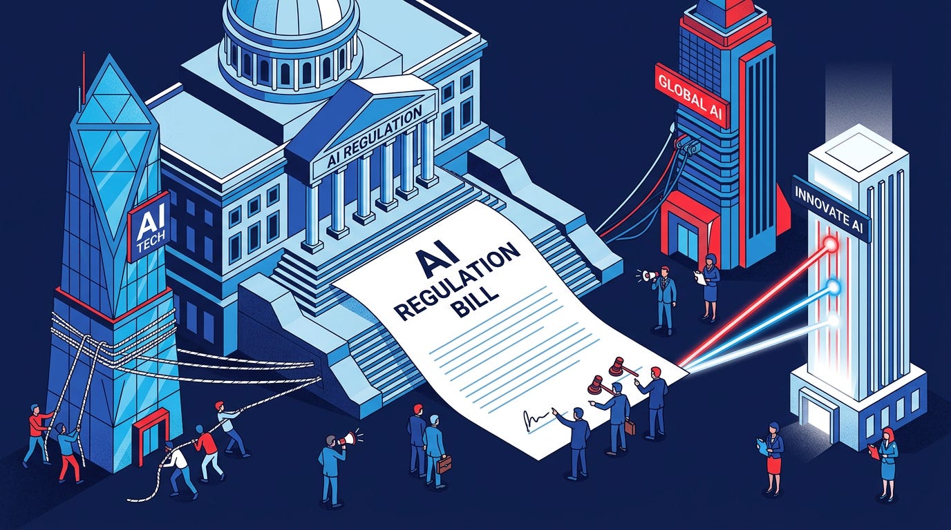 Flat isometric illustration of a government building with a large AI regulation bill on its steps, three futuristic AI company towers on opposite sides pulling the document in different directions, small lobbyists and lawmakers surrounding the scene, dark navy background, clean vector art style, bold red, blue and white accents, modern technology policy editorial aesthetic Flat isometric illustration of a government building with a large AI regulation bill on its steps, three futuristic AI company towers on opposite sides pulling the document in different directions, small lobbyists and lawmakers surrounding the scene, dark navy background, clean vector art style, bold red, blue and white accents, modern technology policy editorial aesthetic