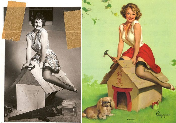 This side-by-side comparison reveals the transformation of a real woman's photograph into an iconic Gil Elvgren pin-up. The playful doghouse construction perfectly illustrates his charming idealization. This side-by-side comparison reveals the transformation of a real woman's photograph into an iconic Gil Elvgren pin-up. The playful doghouse construction perfectly illustrates his charming idealization.
