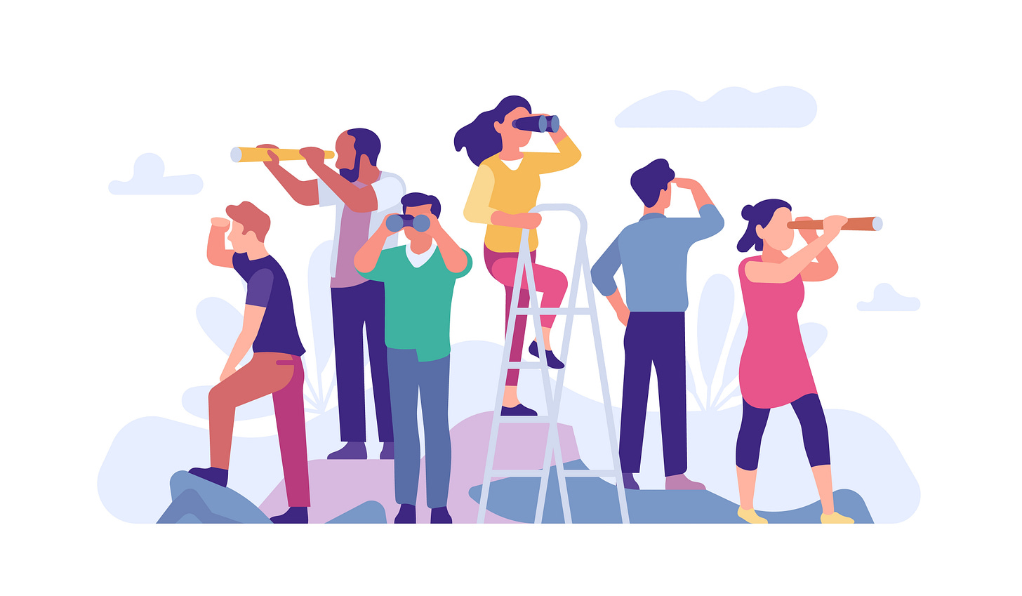 Illustration of people looking into the distance with binoculars