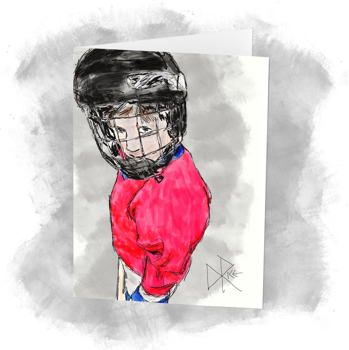 A young Timbit hockey player, geared up for the game. Sketch art by Don Rice.