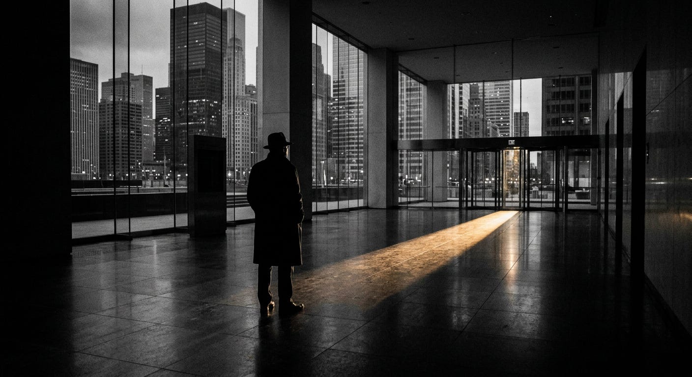 A gritty, high-contrast noir photograph of a man's silhouette standing alone in a vast, empty corporate lobby with floor-to-ceiling windows looking out at a city skyline at dusk. A dramatic beam of warm evening sunlight cuts across the polished, dark floor toward the exit, evoking a sense of transition and deep reflection. A gritty, high-contrast noir photograph of a man's silhouette standing alone in a vast, empty corporate lobby with floor-to-ceiling windows looking out at a city skyline at dusk. A dramatic beam of warm evening sunlight cuts across the polished, dark floor toward the exit, evoking a sense of transition and deep reflection.