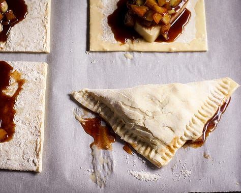 Step-by-step photos showing how to shape apple turnovers.