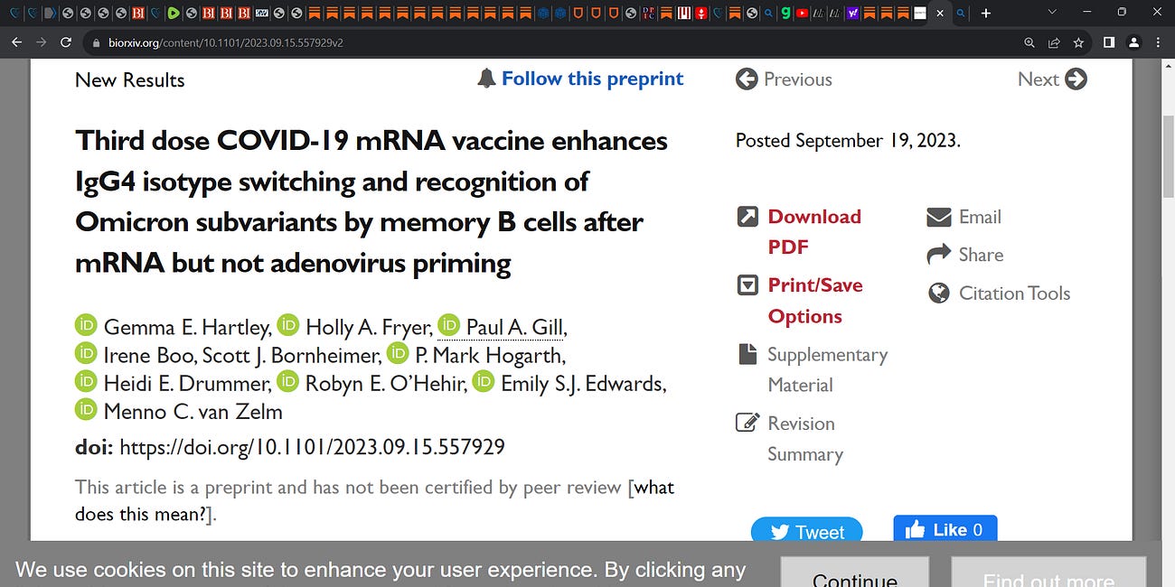 Hartley et al. comfirms mRNA 'IMMUNE TOLERANCE' (IgG4 'class-switch' by Irrgang et al.): "Third dose COVID-19 mRNA vaccine enhances IgG4 isotype switching and recognition of Omicron subvariants by