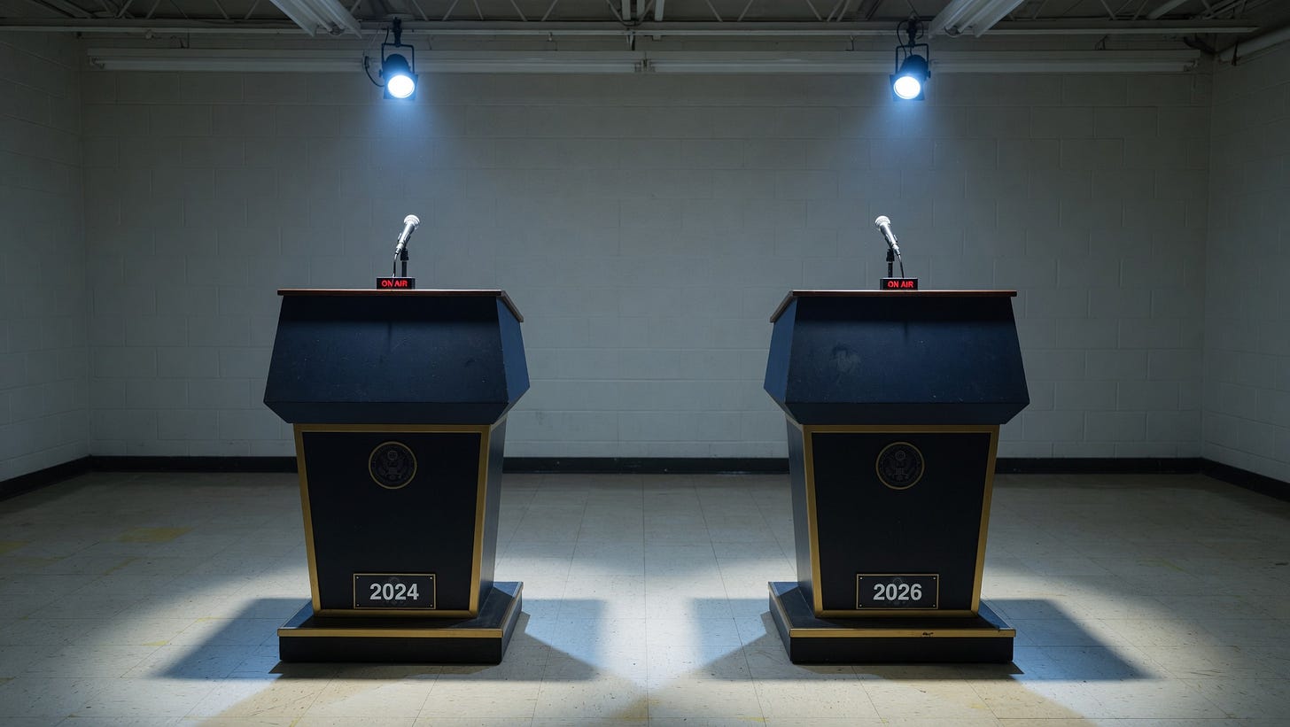 Two identical government podiums side by side in an empty room, spotlights above each, representing the recurring pattern of Bitcoin reserve promises made at conferences in 2024 and 2026.