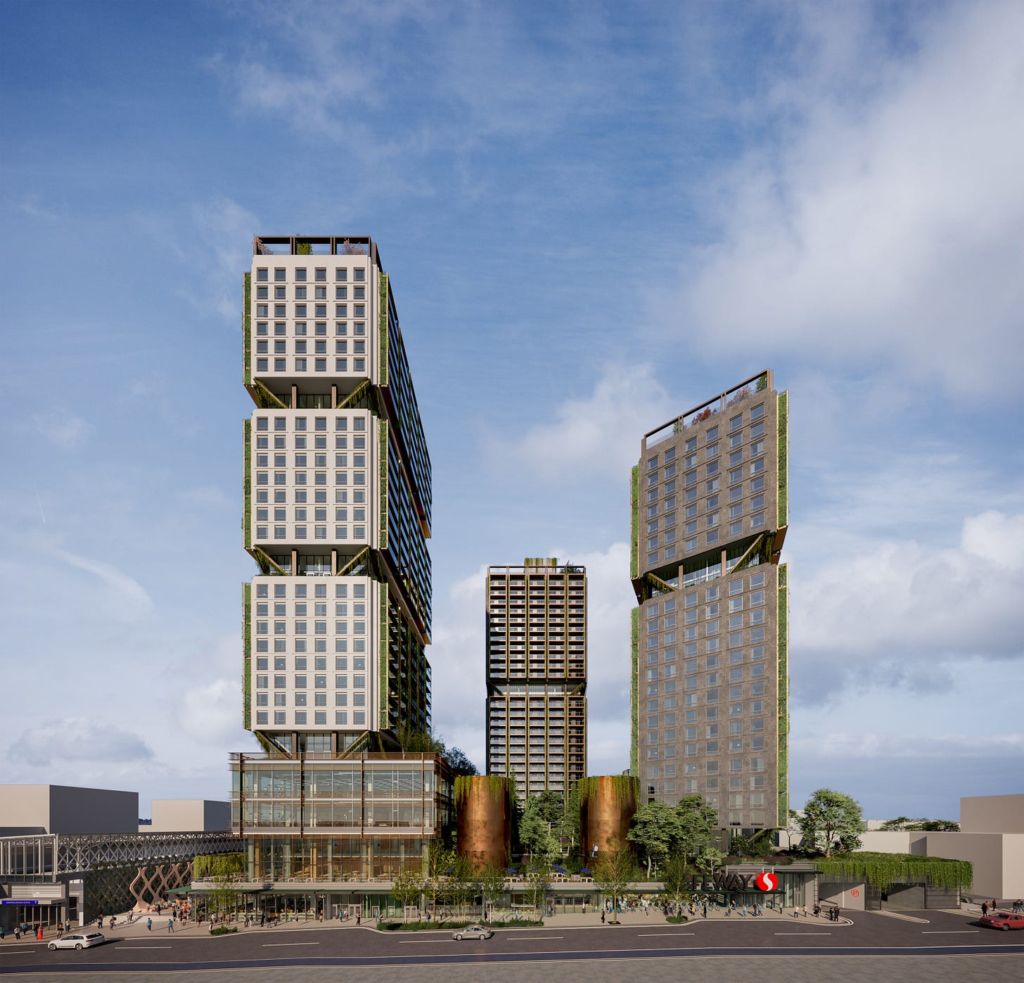A render of three high-rises adjacent to the Commercial-Broadway Skytrain station, viewed in profile.