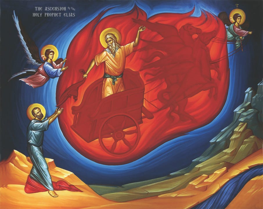 Icon labeled 'The Ascension of the Holy Prophet Elias' showing him in a fiery chariot with two angels alongside and the Prophet Elisha kneeling below.