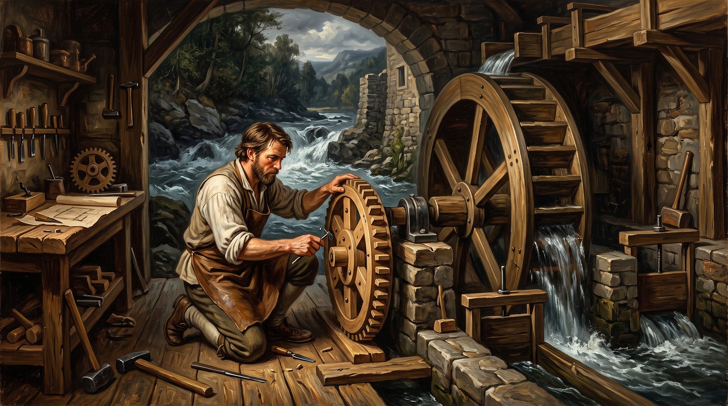 Craftsman adjusting wooden gears beside a water wheel, a metaphor for building an AI agent harness