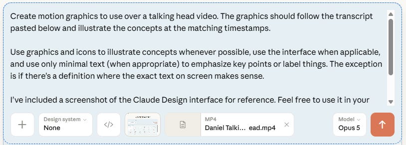 Claude Design request with a talking-head clip and interface screenshot attached for a transcript-synced animation.