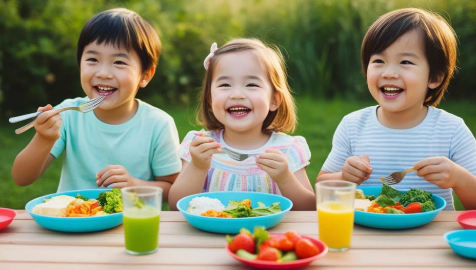Three toddler-aged children happily eating a variety of fruits and vegetables on plates with glasses of green juice in front of them