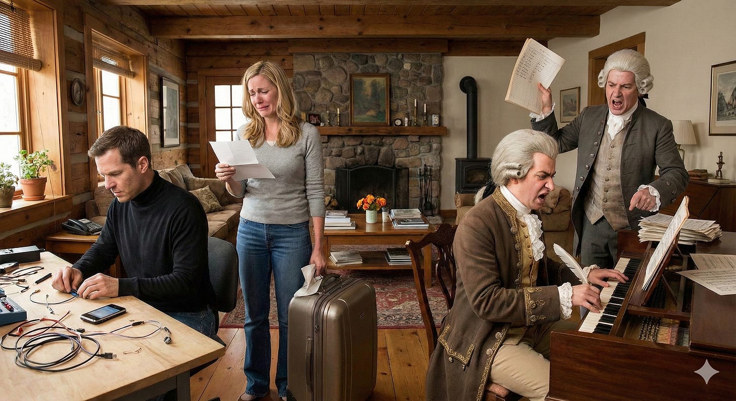 A split scene of a modern founder and a classical composer in messy rooms A split scene of a modern founder and a classical composer in messy rooms